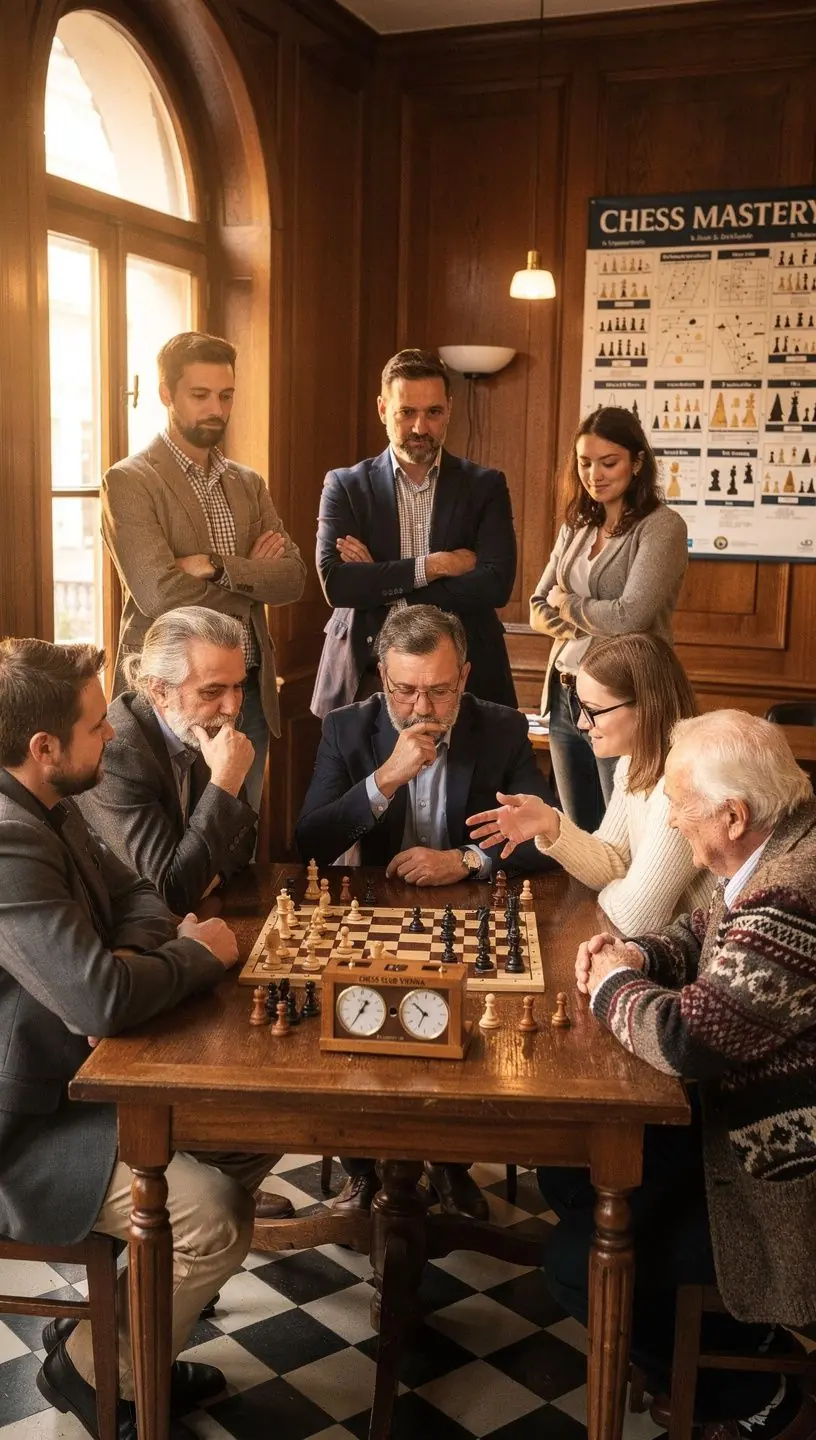 Ein Trainer erklärt den Teilnehmern verschiedene Strategien zur Verbesserung ihrer Schachfähigkeiten.