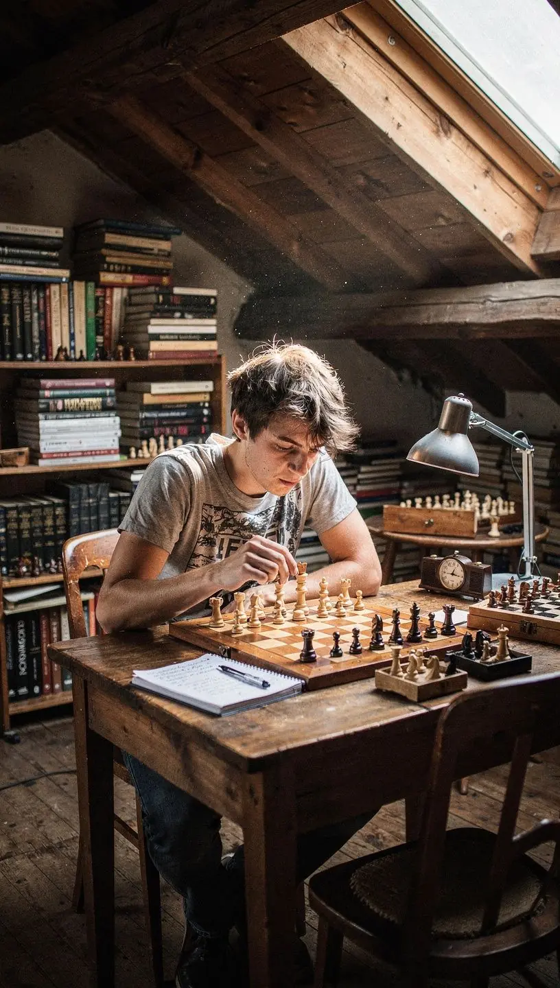 Ein Spieler konzentriert sich auf das Schachbrett und analysiert seine nächsten Züge.